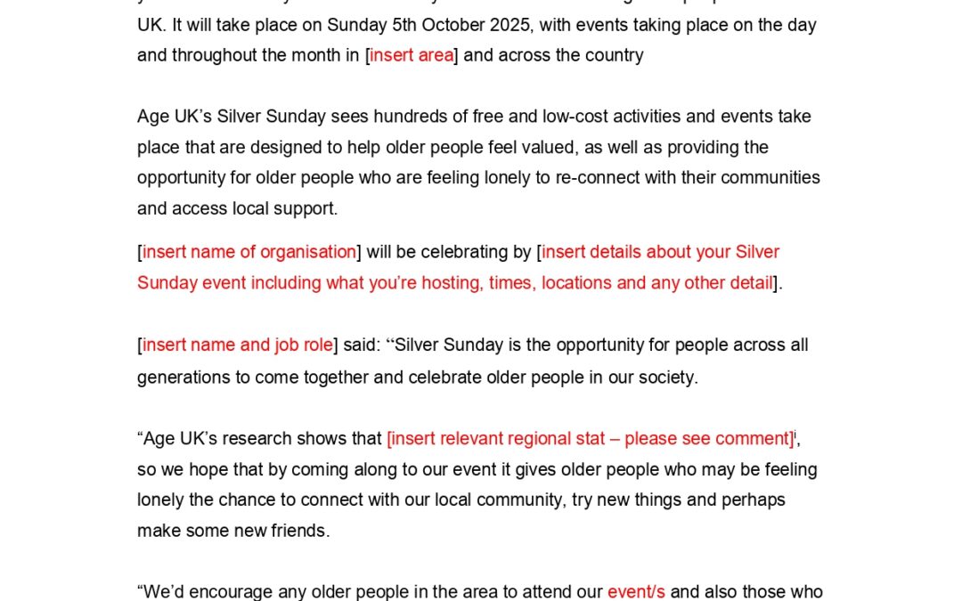 Age UK’s Silver Sunday 2025 Press Release Template
